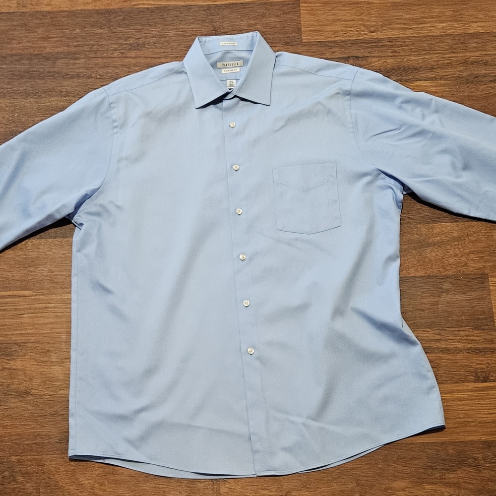 VANHEUSEN mens lux sateen Wrinkle-free dress shirt SIZE 16.5x33 COLOR BLUE LL33
